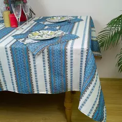 Новорічна скатертина з народним орнаментом 134x145 см, + 6 серветок, Синій Новорічна скатертина з народним орнаментом 134x145 см, + 6 серветок, Синій