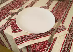 Лляна скатертина з орнаментом Червоний, 110x145 см, + 6 серветок Лляна скатертина з орнаментом Червоний, 110x145 см, + 6 серветок